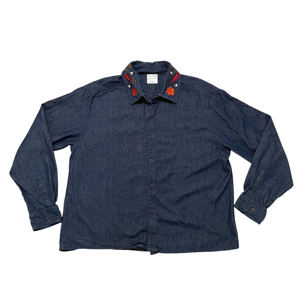 Denim Button Down Shirt Reversible Collar Fall Embroidery Velvet Collar Large